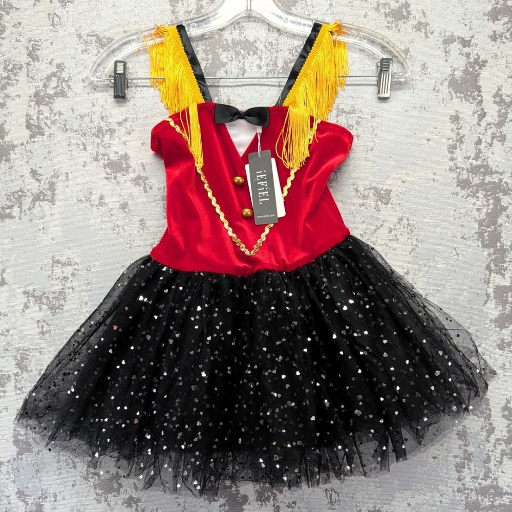 iEFIEL Kids Ringmaster Circus Costume Red Velvet Heart Sequin Tutu Dress Size 8